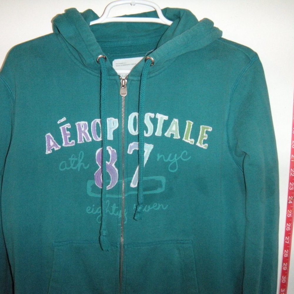 Aeropostale hoodie, "Aeropostale 87", teal color, long sleeve,  zipper closure